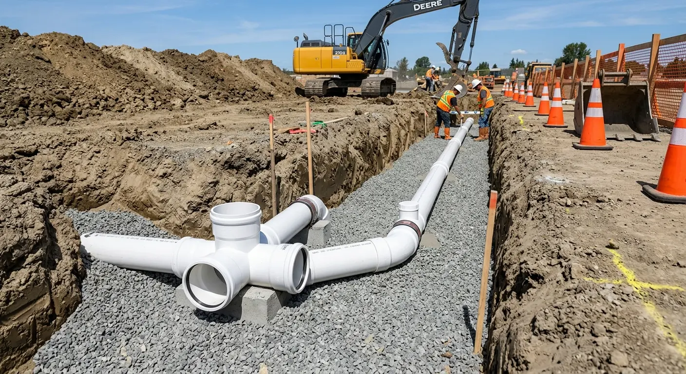 New PVC sewer pipe installation in open trench for Grease Trap Cleaning in Tobyhanna