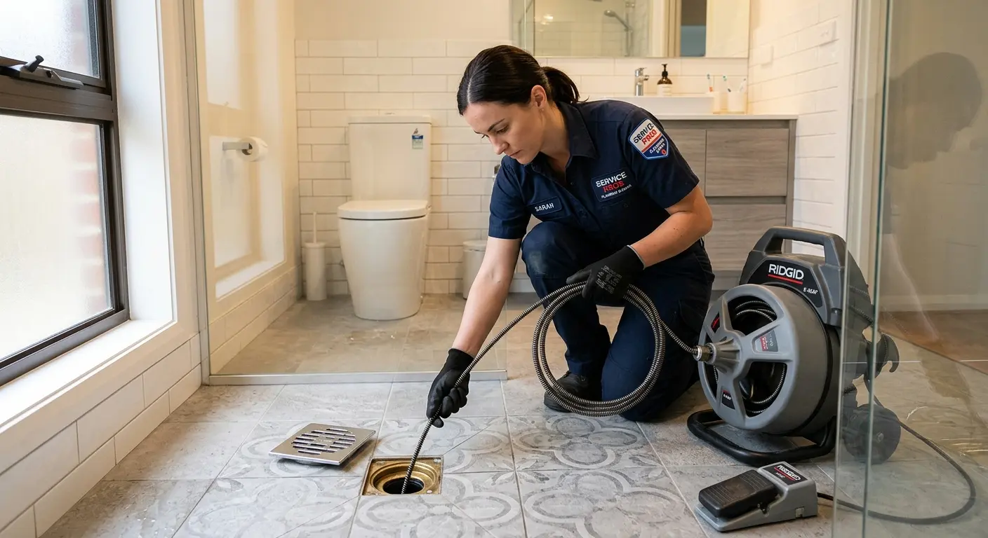 Technician clearing a bathroom floor drain for Sewer Line Replacement in Tobyhanna